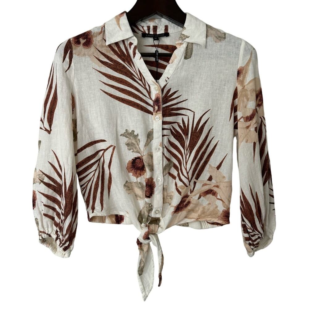 Larry Levine Palm Tropical Linen Blend Crop Blouse Size Medium NWT